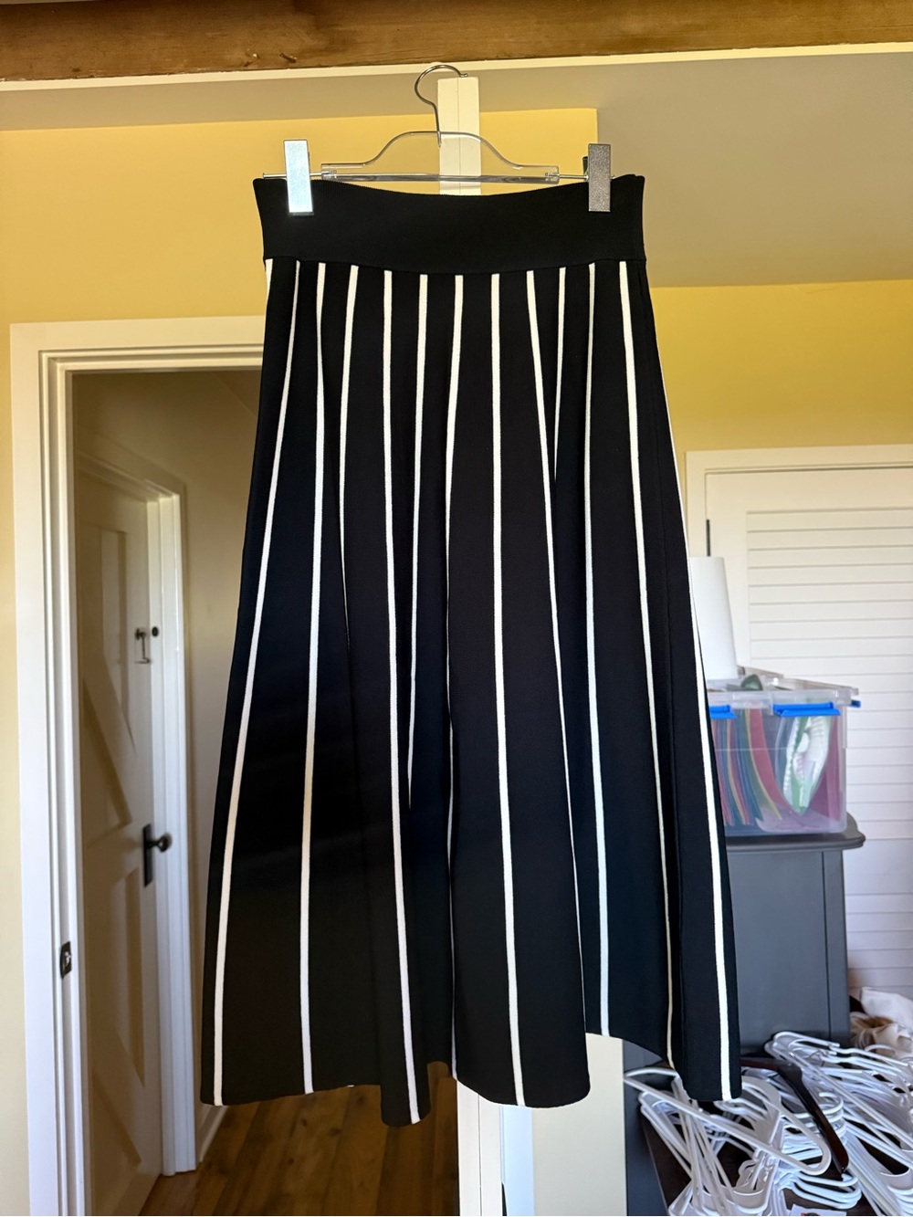J. Crew Black Midi Skirt with White Vertical Stripes